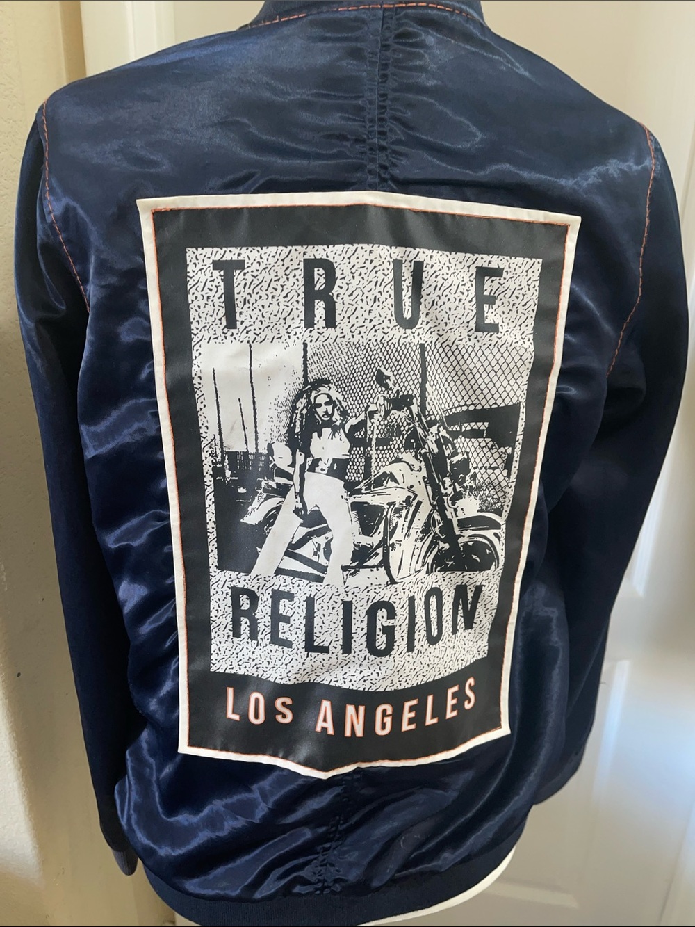 True Religion Navy Bomber Jacket with Orange Zipper